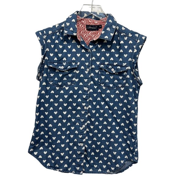 Disneyland Paris Size 36 Chambray Mickey Mouse Shirt Cap Sleeve Button Down - Picture 6 of 6